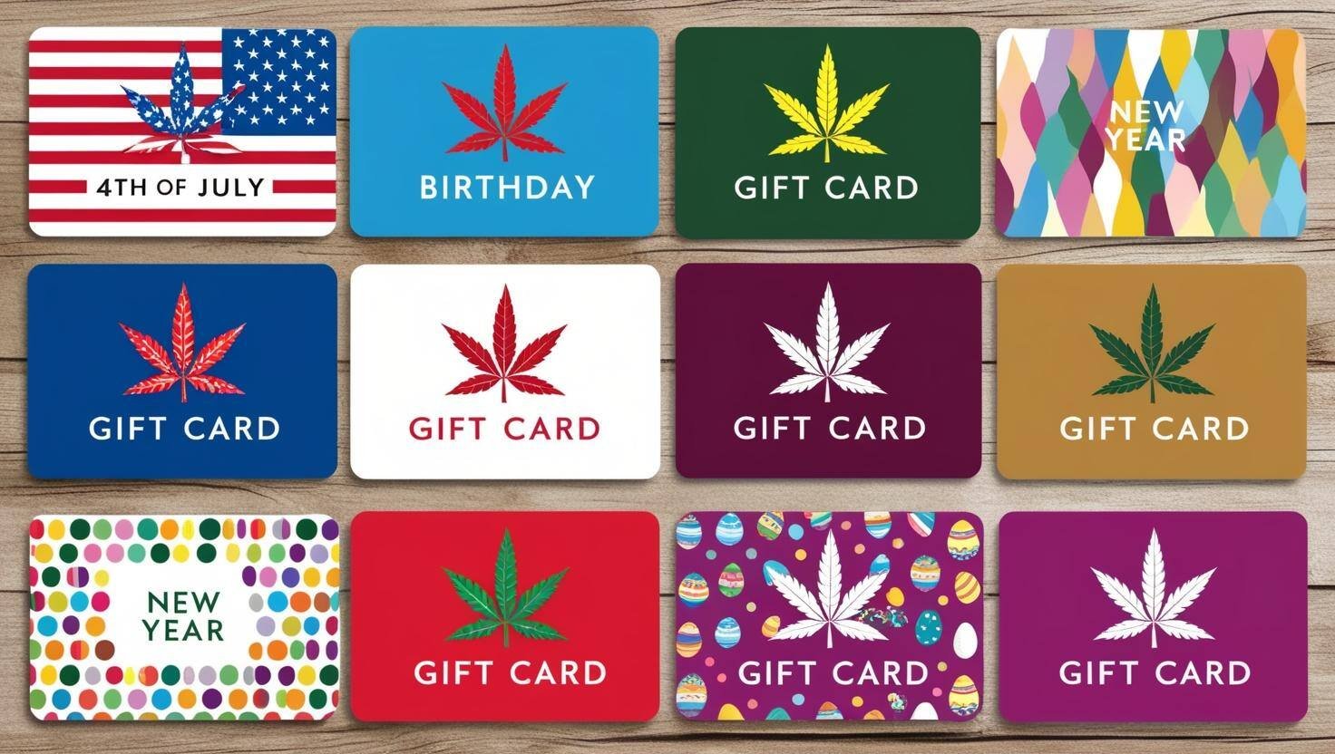 Create a group of assorted holiday Gift Cards featuring 4th of July, Birthday, Christmas, Thanksgiving, Easter, Anniversary, 420 and New Years Day.  Each card should be colorful and have  a hemp leaf on it.  The gi-1